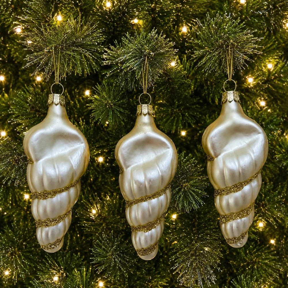 Pier 1 Set of 9 Glass Christmas Ornament Set Gold Glitter Balls Conch Shells